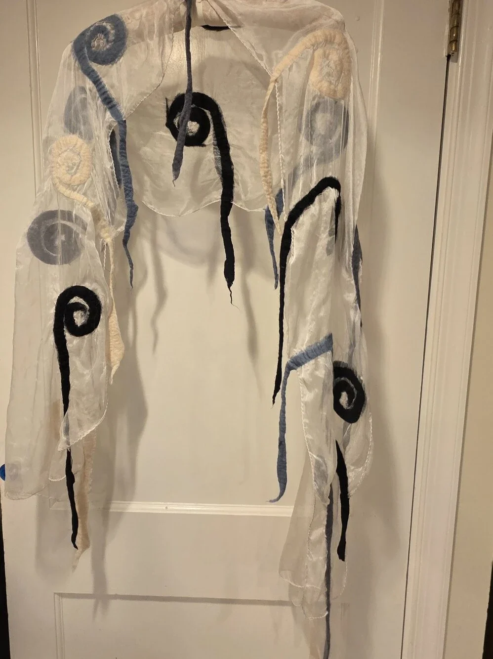 Vintage 1970's SILK VOILE ART SCARF with Swirl WOOL/Felt Detailing OOAK
